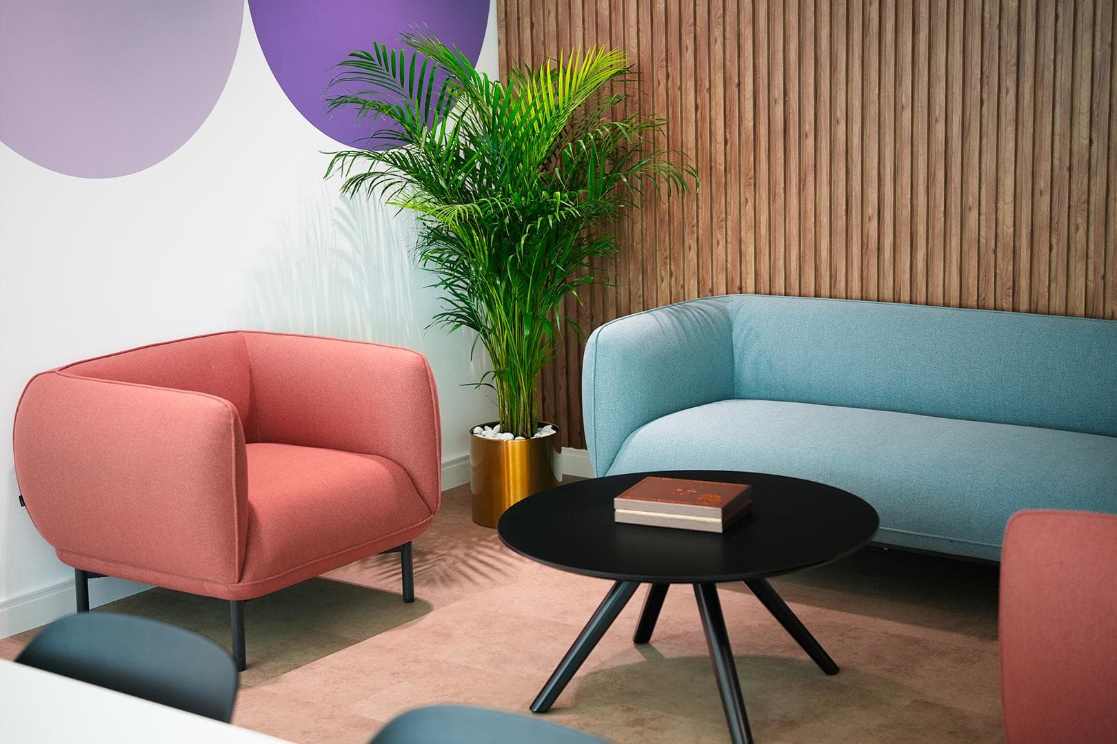 Staff lounge with coral armchair, blue sofa and timber slat wall