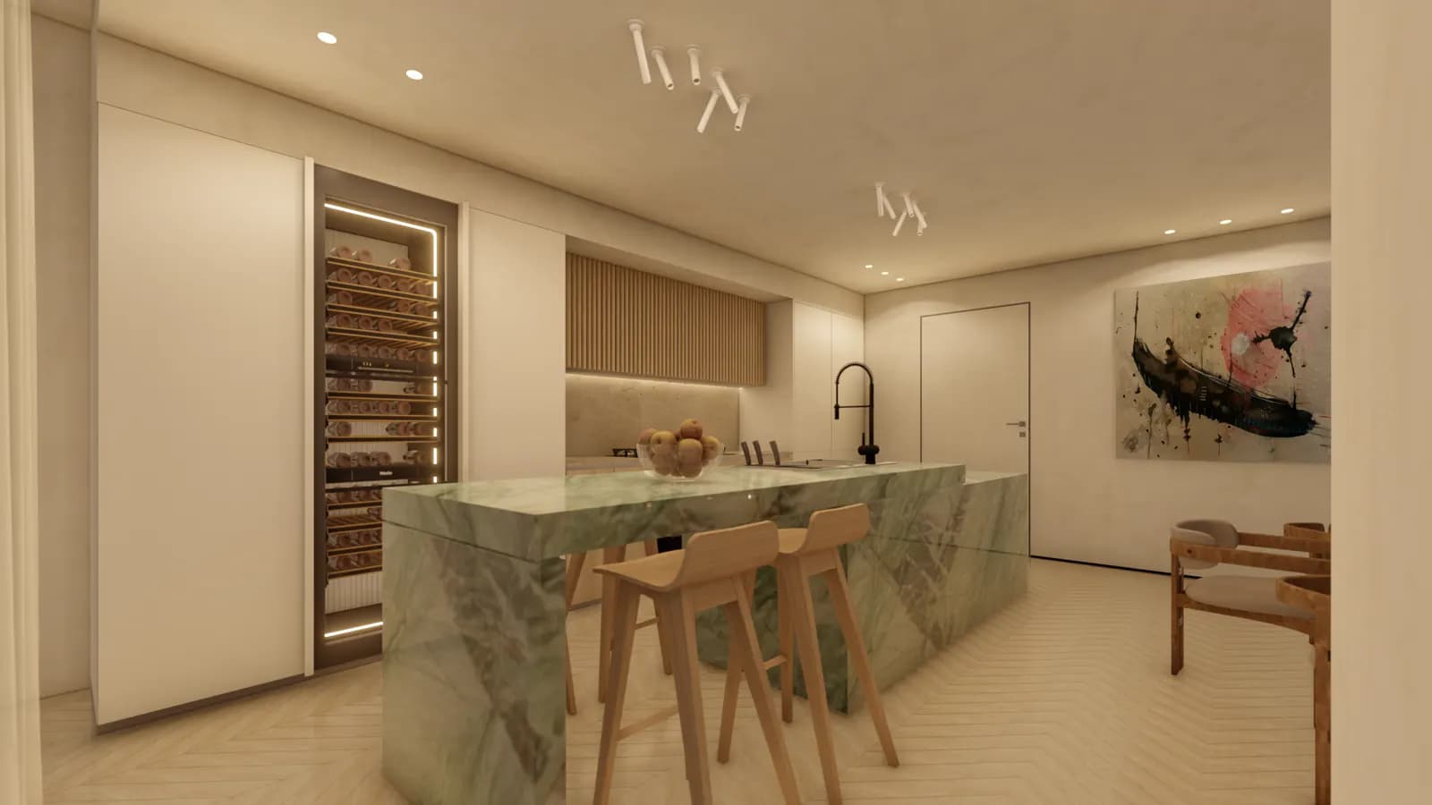 Kitchen with a veined stone island, timber stools and integrated joinery