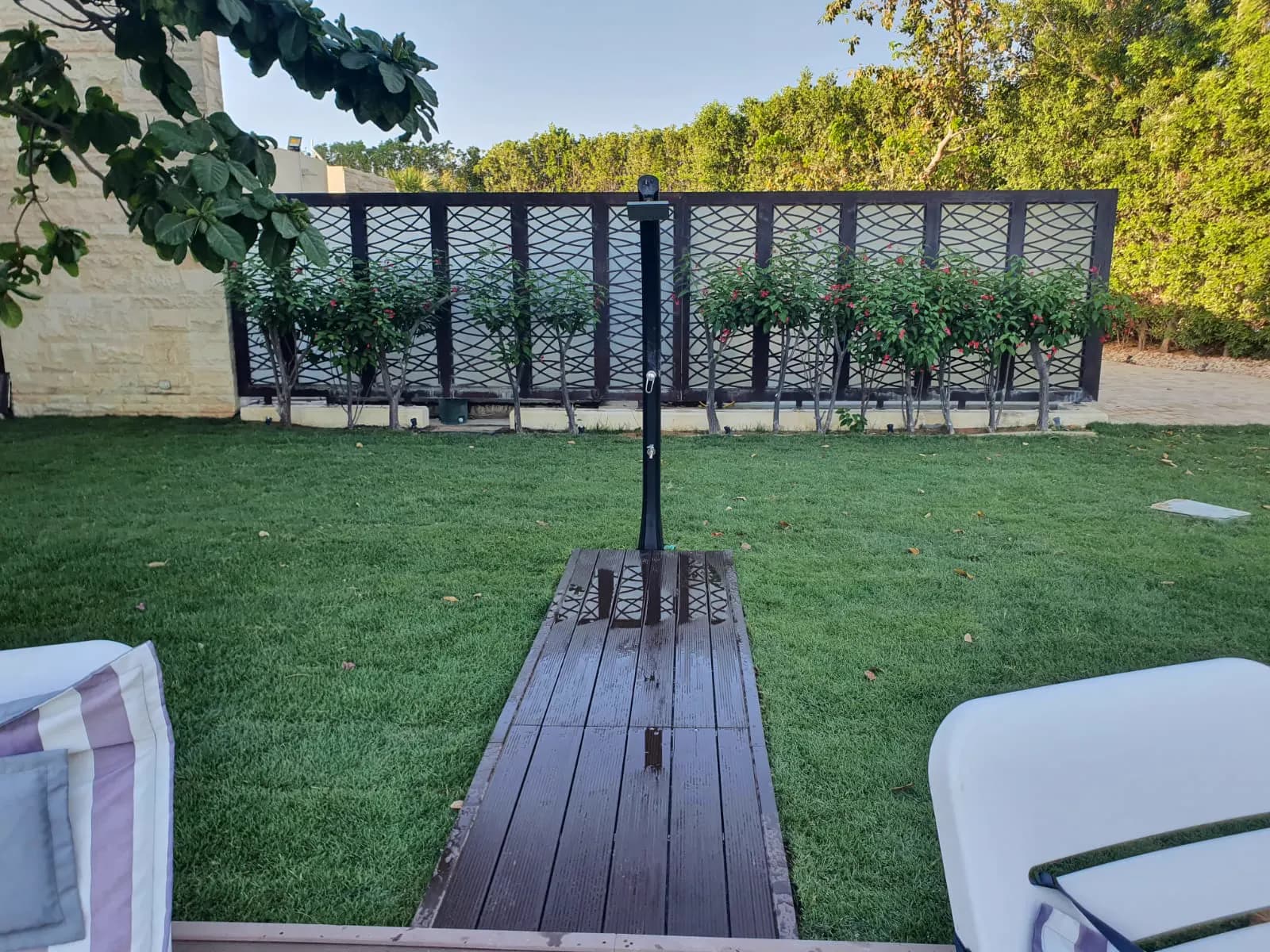 Composite decking path crossing a lawn towards a garden shower and hedge screen
