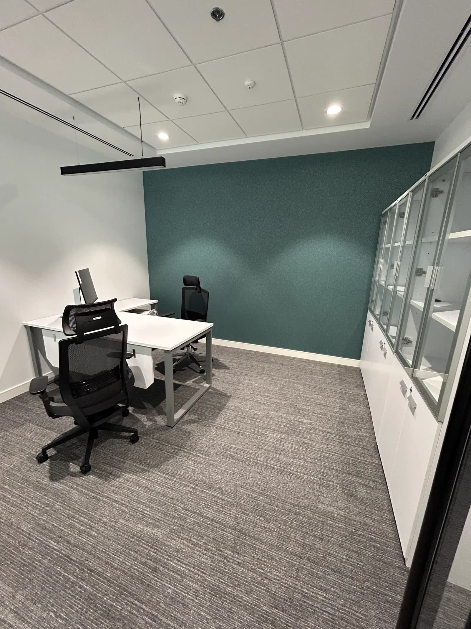 Private office with a teal feature wall, glazed storage and task seating