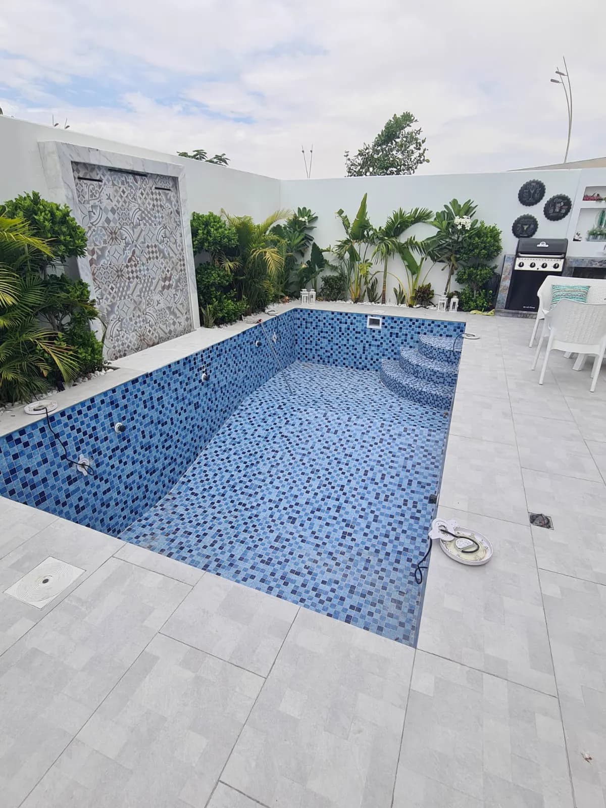 Mosaic-tiled pool with entry steps, tropical planting and a stone feature wall